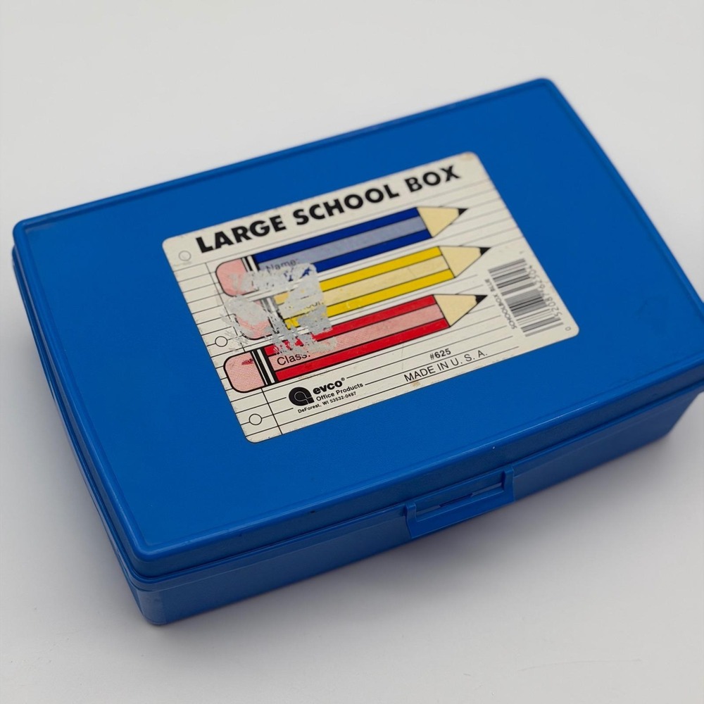Vintage Evco Blue Plastic Large School Box 625 Made in USA Pencil Case Retro